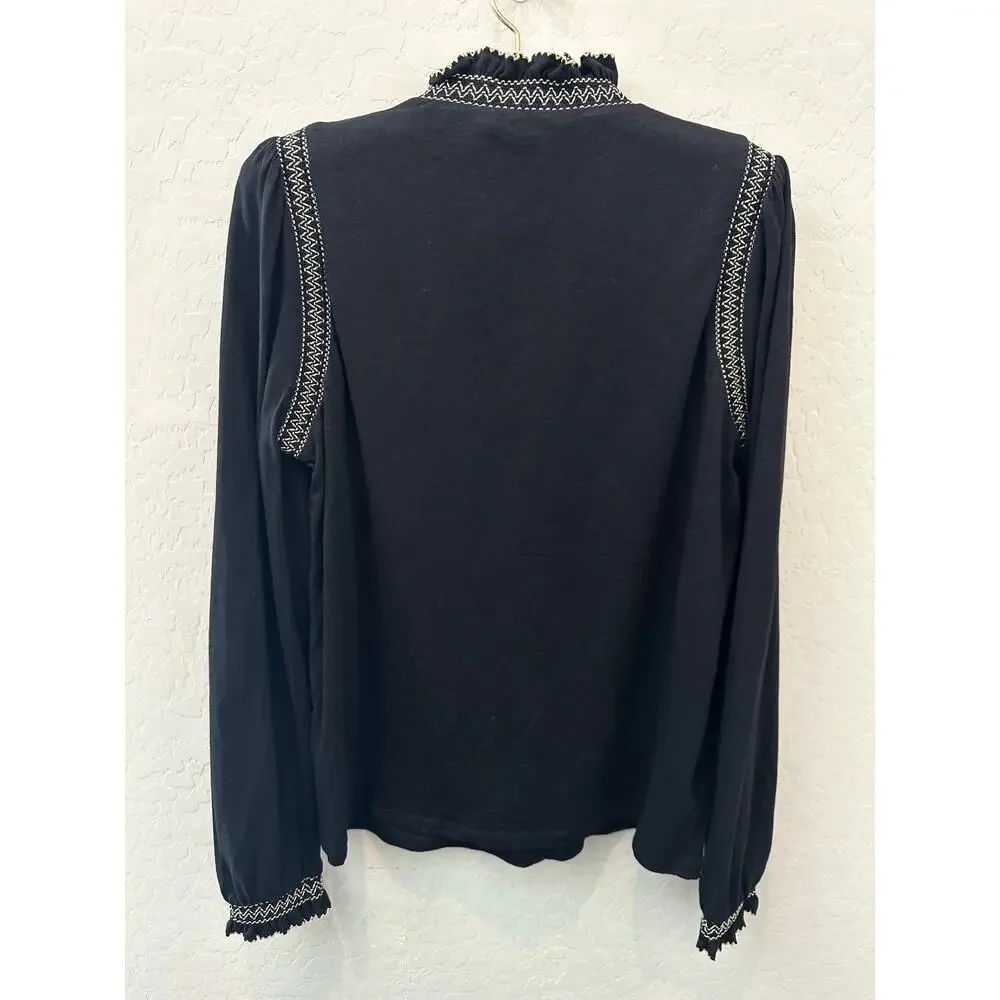 BODEN Tia Smocked Neck Jersey Top Black Embroidered Mock Neck Classic Size 6